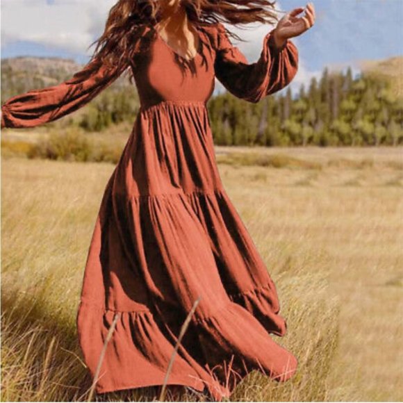 New! CLOSEOUT PRICE! Boho Tan/brown Long Sleeve Maxi Dress - Picture 1 of 6